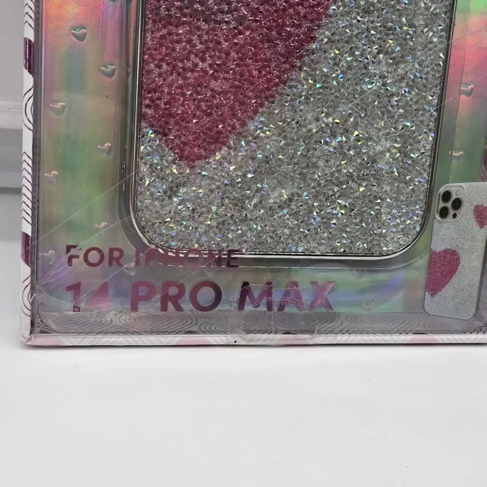 Glitter Pink Silver Hearts iPhone 14 Pro Max Rhinestone Coquette Princess NeW
